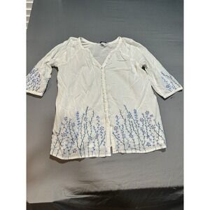 Fresco by Nomadic Traders White With Blue Floral Embroidery Blouse XL